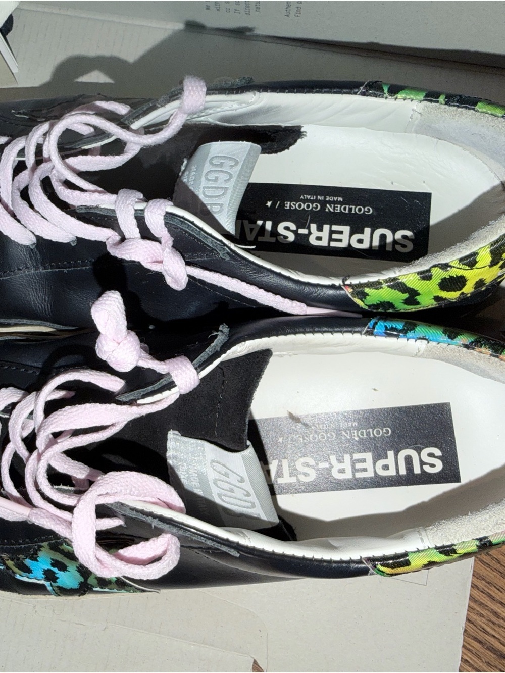 Golden Goose Black Leather Sneakers with Neon Leopard Accents and Pink Laces - Picture 3 of 7